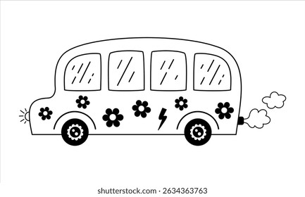 Groovy School Bus doodle in black and white color, School transport, Retro car, back to school, cute hand drawn vector illustration in flat style	

