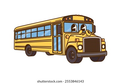 Groovy school bus education character. Isolated cartoon vector retro funky yellow schoolbus personage with quirky expression. Funny auto vehicle with playful y2k face ready to transporting students