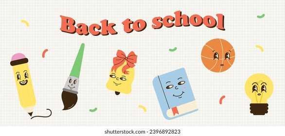 Groovy school characters. Comic pencil and funny book, light bulb, apple and globe. Knowledge and education symbols in retro style. Vintage doodle stickers, cute funny mascot cartoon style vector set