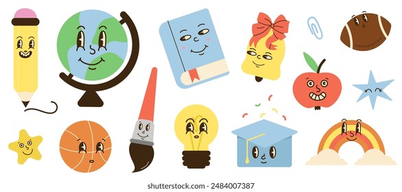 Groovy school characters. Comic pencil and funny book, light bulb, apple and globe. Knowledge and education symbols in retro style. Vintage doodle stickers, cute funny mascot cartoon style vector set