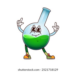 Carácter de frasco de química de la escuela Groovy con líquido verde y zapatos de moda. Vaso de cristal del laboratorio del Vector de la historieta, personaje de la cristalería de la ciencia con los dedos levantados, listos para la educación y la diversión científica