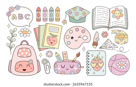 Groovy school clipart set, cute school supplies, retro back to school, pastel school hand drawn vector illustration in flat style	

