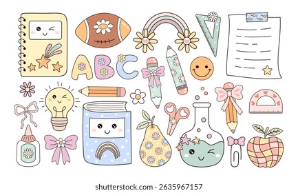 Groovy school clipart set, cute school supplies, retro back to school, pastel school hand drawn vector illustration in flat style	
