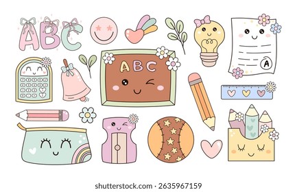 Groovy school clipart set, cute school supplies, retro back to school, pastel school hand drawn vector illustration in flat style	
