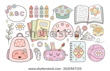 Groovy school clipart set, cute school supplies, retro back to school, pastel school hand drawn vector illustration in flat style	
