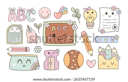 Groovy school clipart set, cute school supplies, retro back to school, pastel school hand drawn vector illustration in flat style	
