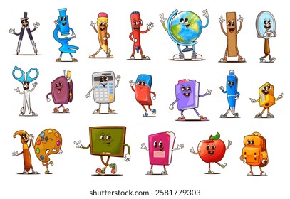 Groovy school education and stationery characters, funny back to school supplies vector personages. Cartoon retro book, pencil, pen and ruler, psychedelic groovy scissors, paint, calculator characters