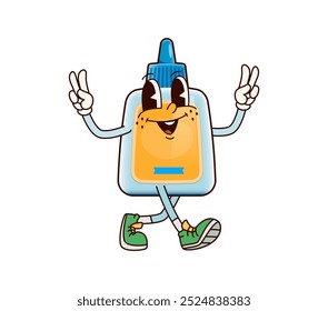 Personaje de pegamento escolar groovy que encarna el espíritu juguetón y creativo para los niños educativos y temas de bricolaje. Vector de dibujos animados aislado lindo y alegre botella de pegamento caminando felizmente, destellando gestos de paz