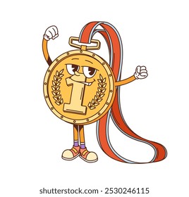 Groovy school golden medal character. Isolated cartoon vector happy gold trophy personage with y2k hippie retro vibe and number one symbol, rejoice and celebrating achievements in education or sports