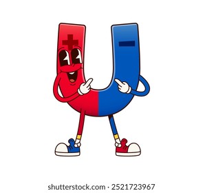 Groovy school magnet character with a cheerful face, wearing blue and red retro sneakers and making a playful gesture, conveys a sense of fun, creativity and education for children learning activities