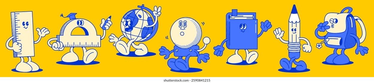 Groovy school mascots set isolated on yellow background. Vector cartoon illustration of cute retro ruler, globe, school bell, book, pencil and student bag characters smiling, waving hand, walking