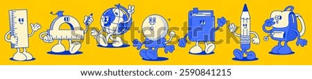 Groovy school mascots set isolated on yellow background. Vector cartoon illustration of cute retro ruler, globe, school bell, book, pencil and student bag characters smiling, waving hand, walking