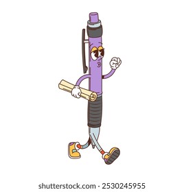 Groovy school pen character confidently walking with paper scroll in hand and hippie sneakers. Isolated cartoon vector educational y2k funky stationery, writing tool personage, featuring retro vibes