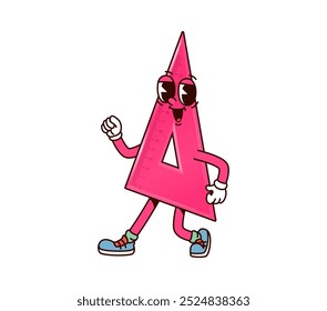 Personaje de Regla escolar Groovy. Herramienta de medición triangular rosa retro, personaje nostálgico de la vieja escuela con cara sonriente. Artículo educativo aislado del Vector de la historieta para aprender geometría o matemáticas