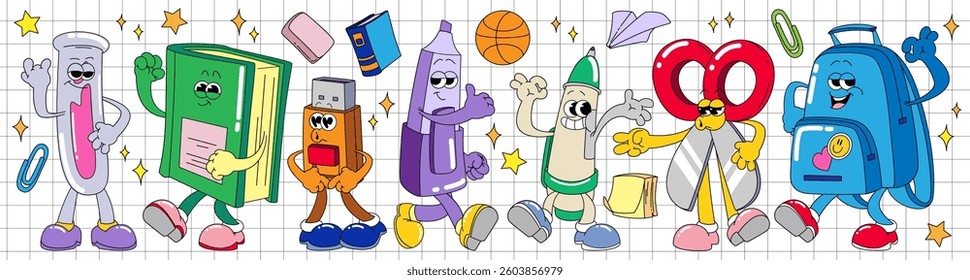 Groovy school supplies cartoon character set - smiling book, backpack, markers and basketball, glue and pencil. Cute stationery, education items mascot with eyes, mouth, hands and feet in retro colors