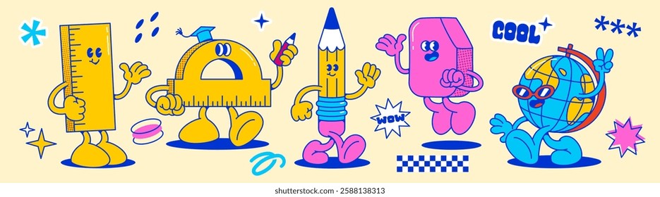 Groovy school supplies cartoon characters. Cheerful retro anthropomorphic stationery items with expressive faces and gestures walking and standing. Vibrant vintage funny mascot for educational design.