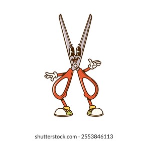 Groovy scissors school education and stationery character. Cartoon retro shears exude playful and funky vibes with cheerful expression. Isolated vector office supplies educational personage rejoicesV