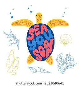 Composición de letras Groovy Sea life con tortuga en estilo plano dibujado a mano. Dibujo de contorno de algas, conchas marinas y aletas. Lemas positivos aislados sobre fondo blanco. Word jugando ilustraciones