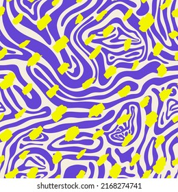 Groovy seamles pattern with animal print and polka dot. Pattern for fabric sixties hippie. Vector background in retro 60s, 70s trippy style. 
