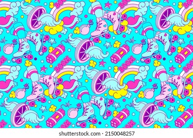 Groovy Seamless background with retro roller skates. Crazy fluorescent Vintage wallpaper for kids textile, wrapping paper. Funky Cartoon 70s,90s,80s comic teen style background