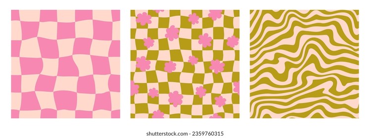 Groovy seamless background set. Repeating retro wave, daisies and checkered pattern collection. Vintage psychedelic checkerboard wallpapers. Distorted pink and green backdrop in 60s, 70s style. Vector