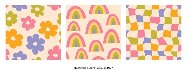 Groovy seamless background set. Repeating retro rainbows, daisies and checkered pattern collection. Vintage psychedelic checkerboard wallpapers. Distorted colorful backdrop in 60s, 70s style. Vector