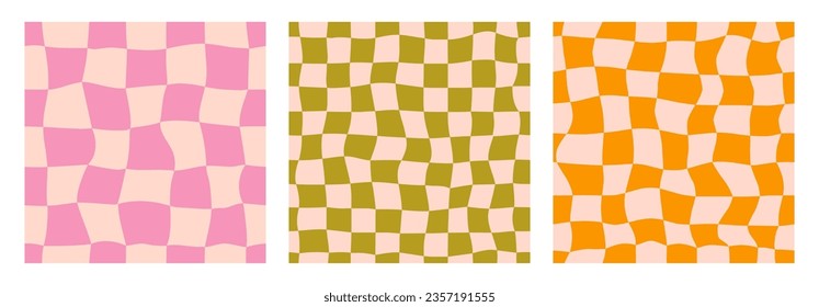 Groovy seamless checkerboard background set. Repeating retro wavy checkered pattern collection. Vintage psychedelic distorted gingham wallpapers. Twisted cage backdrop in 60s, 70s style. Vector pack