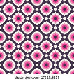 Groovy Seamless Floral Pattern in Pink White and Dark Purple Colors