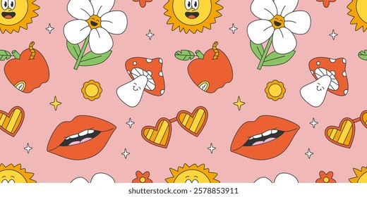 Groovy seamless pattern with 70s, 80s, 90s vibes groovy elements. Retro flowers, glasses, mushroom, lips and apple background. Vintage psychedelic background for design and print.