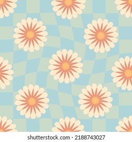 Groovy seamless pattern with abstract flowers in 1960 style. Floral aesthetic print for fabric, paper, stationery. Retro vector illustration for decor and design.





