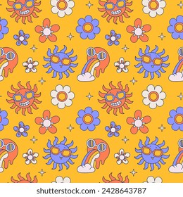 Groovy Seamless pattern of bright trippy hippie elements - sun character, naughty emoticon, daisies, etc. Nostalgia for the 60s, 70s. Linear vector illustration.