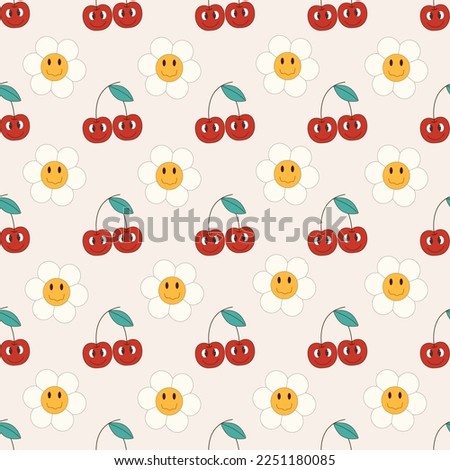 Groovy seamless pattern with cartoon cherry and funny daisy.Trendy nackground in 70s, 80s style. Vector illustration