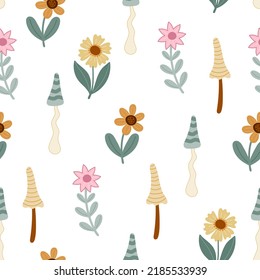 groovy seamless pattern with cartoon flowers, mushrooms. retro style, vector illustration. hand drawing. design for fabric, print, wrapper, textile