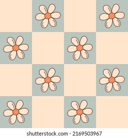 Groovy seamless pattern checkerboard with daisy flower in retro style. Cute geometric vector illustration chamomile in style 1970s.
