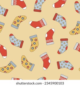 Groovy seamless pattern with Christmas socks in trendy retro cartoon style. Background for winter festive design. Vector illustration