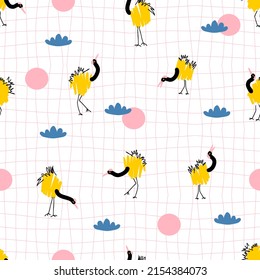 Groovy seamless pattern with cranes on grid distorted background. Hippie aesthetic print for fabric, paper, T-shirt. Doodle vector illustration for decor and design. 
