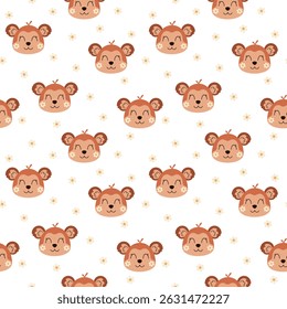 Padrão contínuo com rosto de macaco groovy e flores. Bela face retrô de animal. Design vetorial desenhado à mão de verão adorável em estilo de desenho animado plano para impressões infantis