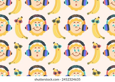 Patrón sin costuras estupendo. Lindo sol en auriculares con divertida fruta tropical. Personajes estupendos con accesorios de moda. Plátanos de dibujos animados en gafas de sol. Nostalgia de los años 2000, 90, 80, 70. Vector 