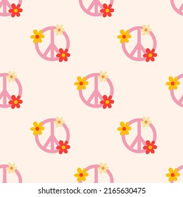 Groovy seamless pattern of daisy flower and peace symbol. Hippie retro background. 70s style wallpaper