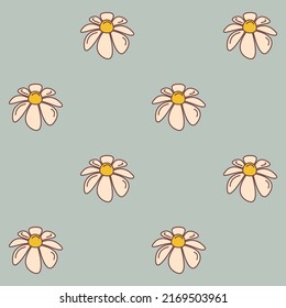 Groovy seamless pattern with daisy flower in retro style. Cute vector illustration chamomile in style 1970s.
