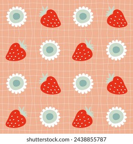 Groovy seamless pattern with daisy flowers and strawberries on grid distorted background. Hippie aesthetic print for fabric, paper, textile. Hand drawn vector illustration.

