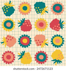 Groovy seamless pattern with daisy flowers and raspberries on grid distorted background. Hippie aesthetic print for fabric, paper, textile. Hand drawn vector illustration.