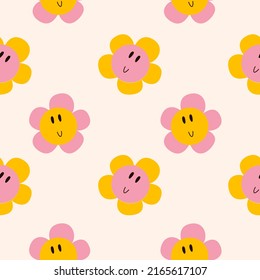 Groovy seamless pattern with daisy flowers.Retro 70s style hippie background
