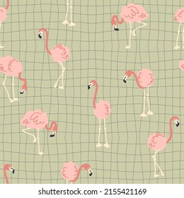 Groovy seamless pattern with flamingo on grid distorted background. Hippie aesthetic print for fabric, paper, T-shirt. Doodle vector illustration for decor and design. 
