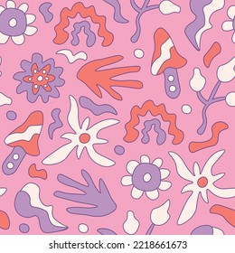 Groovy seamless pattern with flower rainbow mushroom. Liquid pink floral background with fluid nature elements. Repeat girly vector illustration in psychedelic retro style