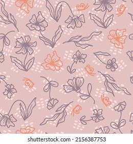 Groovy seamless pattern with flowers and butterflies on spotted background. Hippie aesthetic print for fabric, paper, T-shirt. Nature doodle vector illustration for decor and design.
