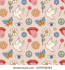 Groovy seamless pattern, flowers, butterfly. Retro hippie style, floral vector background of the 60s, 70s, 80s