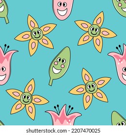 Groovy seamless pattern with flowers and leaf. Funny simple flower vector illustration. Colorful seamless background in retro style. Enchanted garden elements backdrop for greeting card, wrapping