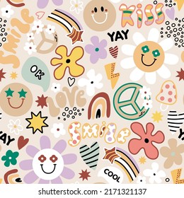 Groovy seamless pattern with flowers, rainbow, peace sign. Retro style texture. Vector illustration