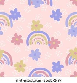 Groovy seamless pattern with flowers and rainbows in 1970s style. Boho aesthetic print for T-shirt, fabric, textile. Floral vector illustration for decor and design.
